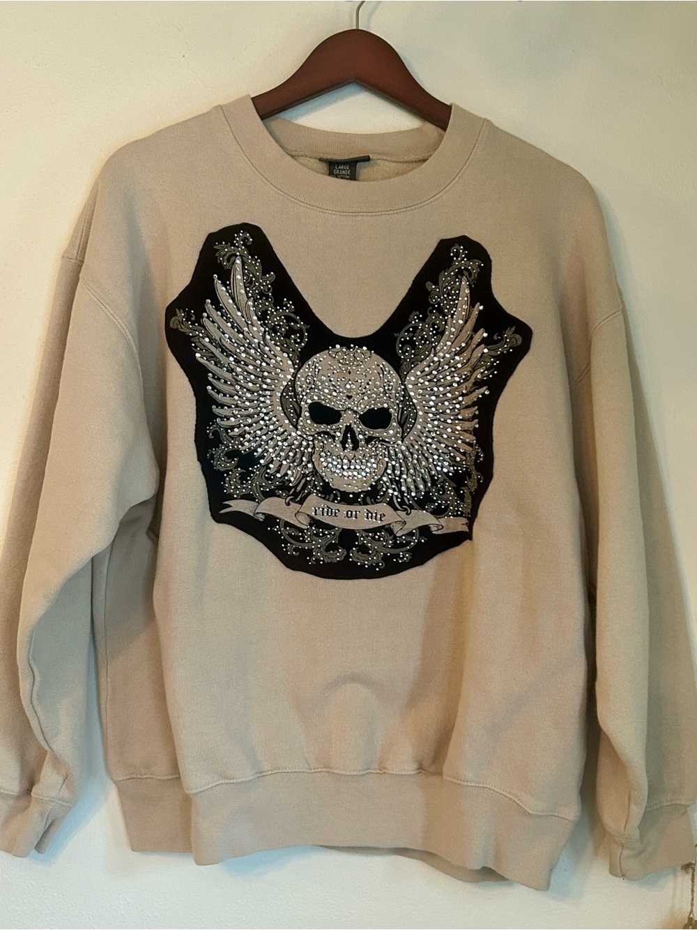 Upcycled bejeweled winged skull & cross patched St. John’s bay biker sweatshirt